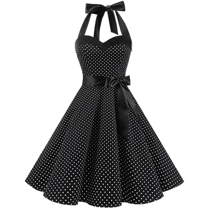 Women Polka Dot Print Summer Dress Sexy Retro White Halter Vintage Dress Robe Femme Pin Up Rockabilly Party Dress