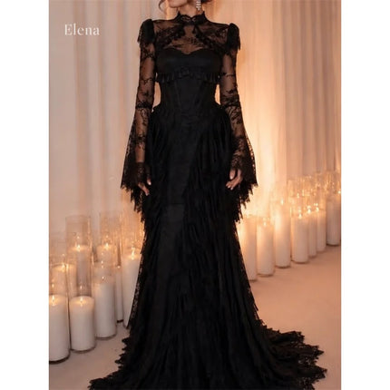 Elena Lace High Black Mermaid Formal Evening Gown Gothic Victorian Aesthetic Neck Sheer Illusion Modest Evening Wear Customized