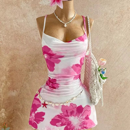 Women Halter Cowl Neck Floral Print Side Ruched Ruffle Hem Mini Dress 2026 Summer Tropical Beach Y2K Going Out Party Bodycon Dre