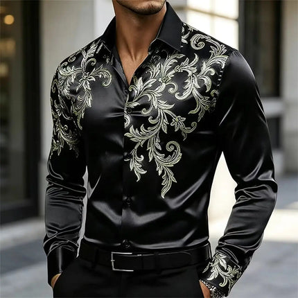 Men's Satin Paisley Printed Shirt Luxury Glossy Long Sleeve Casual Button Down Dress Shirts Nightclub Party Wear