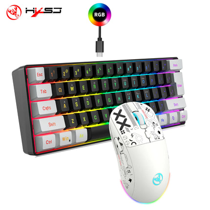 HXSJ-60% RGB Backlit Gaming Keyboard and Mouse Set 61-Key Wired Keyboard 3-Mode Optical Gaming Wireless Mouse for - product i