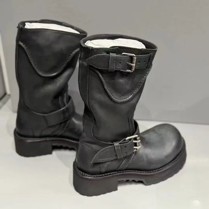 New Women Shoes Luxury Leather Round Head Motorcycle Boots for Woman Fashion Platform Knight Boots Designer Shoes Botas Feminina