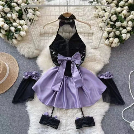 Woman Fashion Thin See Through Slim Fit Pure Desire Dress Women New Vintage Sexy Halter Mesh Embroidery Purple Long Dress