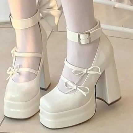Thick Sole Women's Retro Fashion Mary Jane Shoes Elegant Waterproof Platform Big Bow Chunky Heels Lolita Single Shoes Tacones