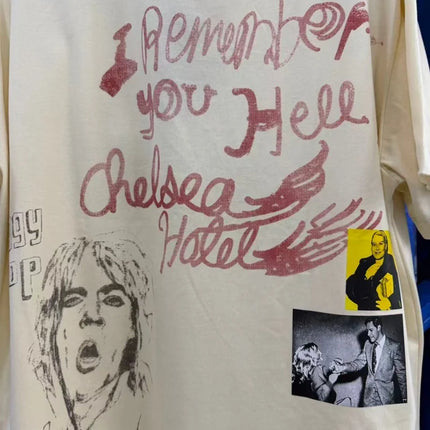 Vintage Cream Washed Ringer Neck Men T-Shirt PALY Distressed Retro City Sketch & Portrait Print Tee