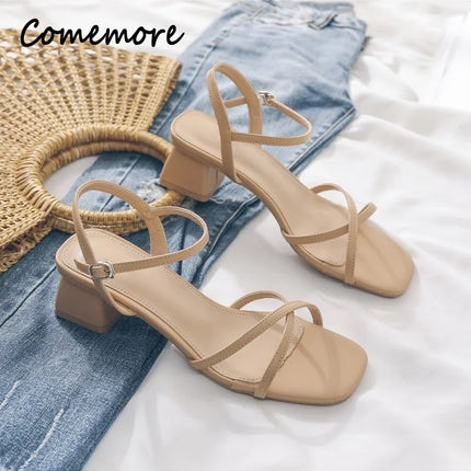 Comemore Comfortable 2023 Summer Block Heel Women's Sandals Girl Shoes Black Outer Wear Fashion Elegant Medium Heels Footwear 40
