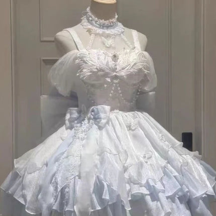 Japanese Sweet Lolita Kawaii  Fluffy Dress Women JK Lovely Ballet Princess Cake Dresses Harajuku Lace Bow Patchwork Cute Outfit