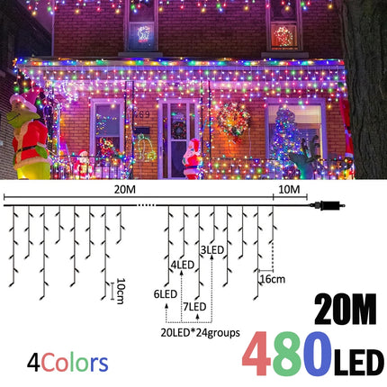 6.5200LED/20M480LED Icicle String Lights Christmas 40Drops 8 Modes, Plug in Curtain Waterproof for Holiday Wedding Party Garden