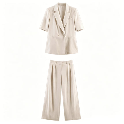 Women's Two Piece Suit Summer 2026 Double Breasted Short Sleeve Blazer High Waist Wide Leg Trousers Female Commute Office Set
