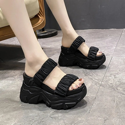 New 10CM Summer Platform Slippers Women Blue Pleated Riband Discolor Ladies Chunky Sole Beach Cool Wedges Slides Shoes Woman
