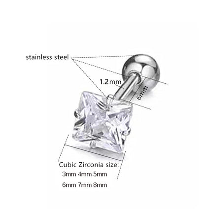 1 Pair 3/4/5/6/7/8mm Simple Shiny Stainless Steel Square Cubic Zirconia Square Stud Earrings for Men Women Ear Accessories Gift