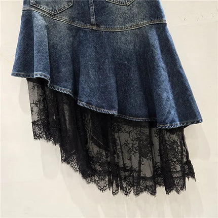 Denim Skirt Women Asymmetrical Skirts Patchwork Lace Vintage High Waist Belt Washed Distressed Streetwear Spring Summer 2026