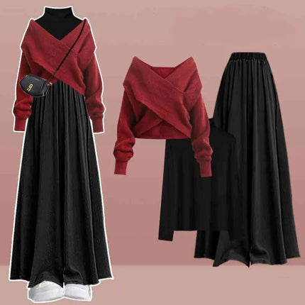 Women's 2026 Autumn/Winter New Fashion In Matching Set Korean Elegant Knitted Sweater+Undershirt+Casual Skirt Pants 3-Piece Suit