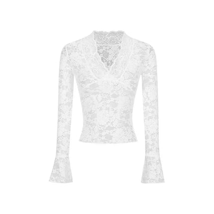 Sexy V-Neck Sheer T-Shirts Flare Long Sleeve Spring Lace Slim Pullovers Tops Casual Evening Party Club Chic