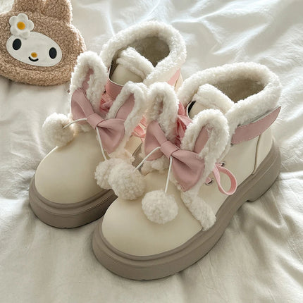 Sweet Girls Lolita Winter Mid-Calf Snow Boots,Young Women Students Cute Plush Rabbit Ears Bowknots Warm Flat Platform Shoes