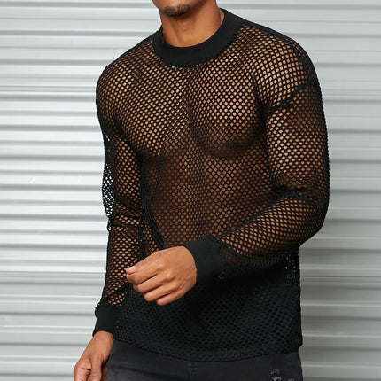 Casual Transparent Mesh Long Sleeve Shirt New Sexy Perspective Men Long Sleeve V-neck T-shirt Top Bar Club Hollow Mesh Men's Top