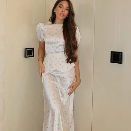 Women's White Floral Print Puff Sleeve Dress With Waistband Fashion Satin Ruffled Hem Maxi Dress Lady 2026 Elegant Party Robes