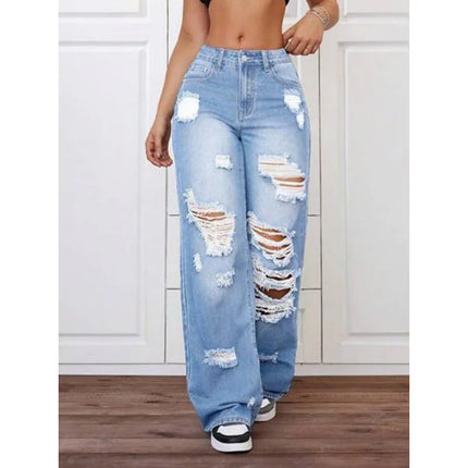 Womens Pants Womens Jeans Trendy Light Blue Distressed Baggy Relaxed Fit Wide Leg Denim