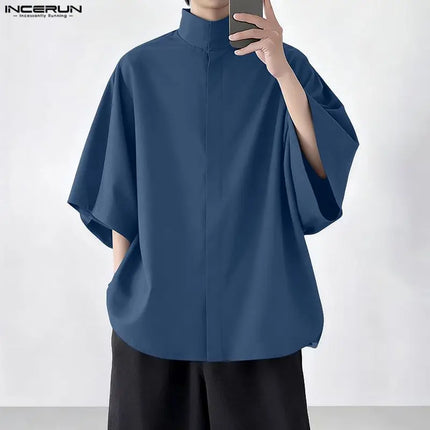 INCERUN Men Shirt Solid Stand Collar Short Sleeve Men Clothing Loose Korean Style Streetwear Fashion Casual Tops Male Shirts