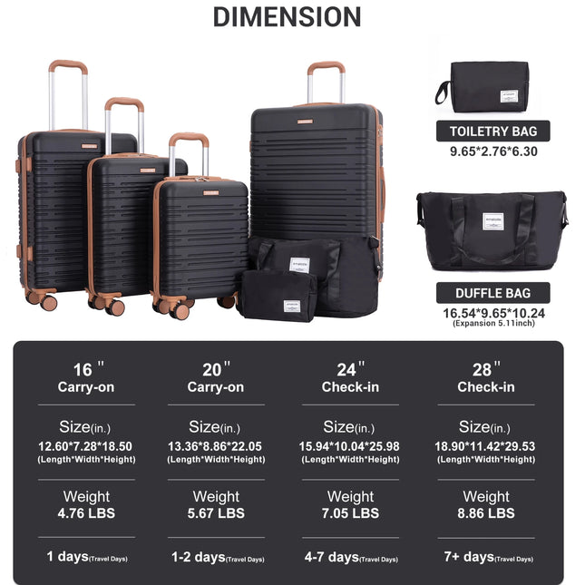 Luggage Sets 6 Piece, Suitcases with Double Spinner Wheels and TSA Lock, Hardcase 6 Set 16/20/24/28 Luggage with Travel Duffle Bag