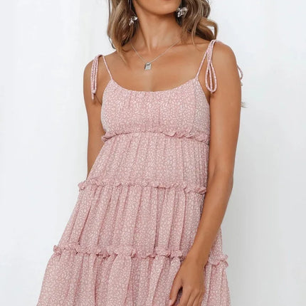 Bowknot Spaghetti Strap Flower Chiffon Mini Dresses Women Fashion Sexy Backless Elegant Vacation Style Dress Female New Vestidos