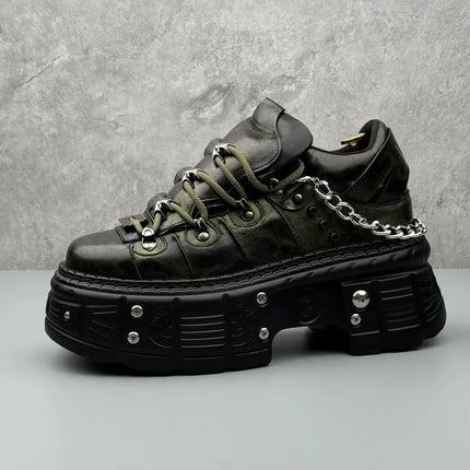 8cm High Leather Casual Shoes for Men Punk Metal Rivet Thick-Soled Mans Shoes Fashion Retro Heightening Leather Shoes Zapatillas