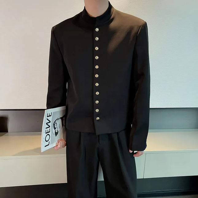 Chaqueta de cuello alto estilo chino para hombre, un solo botón, color sólido, chaquetas casuales, ropa de calle social para hombre