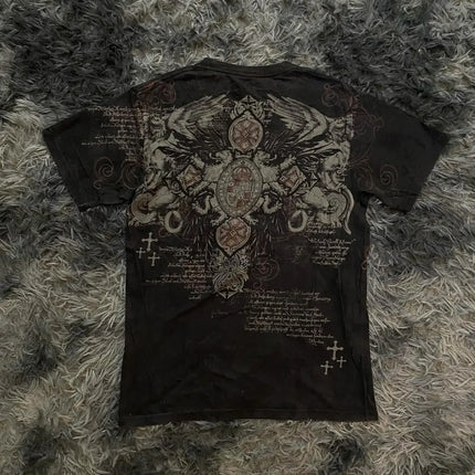 Y2K New Vintage Gothic Skull Wing Printed Long Sleeve Street Trend Pure Cotton Top Men Hip Hop Gothic Harajuku Oversize T-shirt