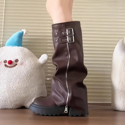 Punk Style Splicing Thick Bottom Women Knee-High Boots Fashion Zipper Female Pleated Knight Long Booties Shoes