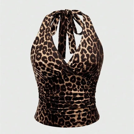 Leopard Printed V-neck Backless Halter Crop Top for Women Summer Sexy Y2K Sleeveless Ruched Top Streetwear