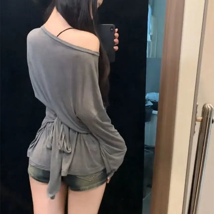 See Through Long sleeve Oversize T shirt Women Sexy Back Bandage Off shoulder Top Female Basic Long Tees Korean Chic Lady New