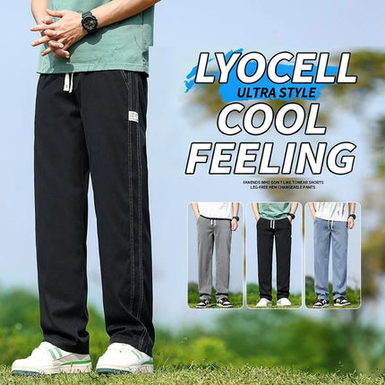 Men's Summer Soft Lyocell Fabric Jeans Thin Loose Straight Denim Pants Drawstring Elastic Waist Casual Trousers Plus Size M-5XL
