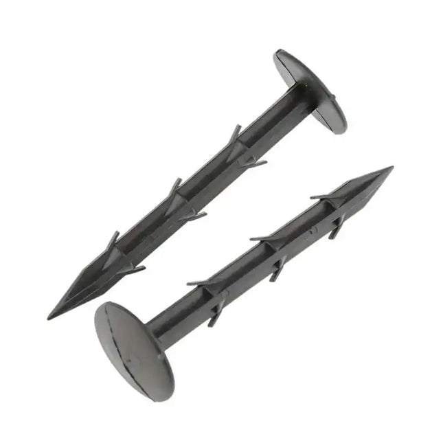 Two black ground anchoring pegs displayed diagonally