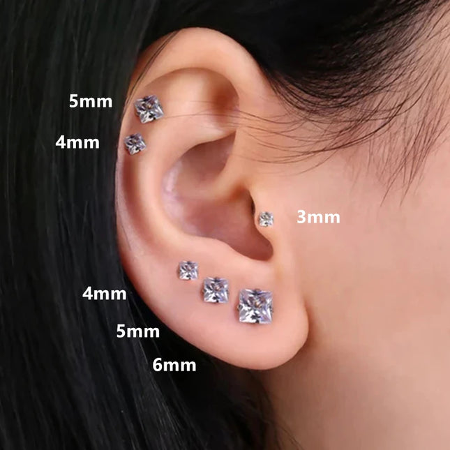 1 Pair 3/4/5/6/7/8mm Simple Shiny Stainless Steel Square Cubic Zirconia Square Stud Earrings for Men - product image 2