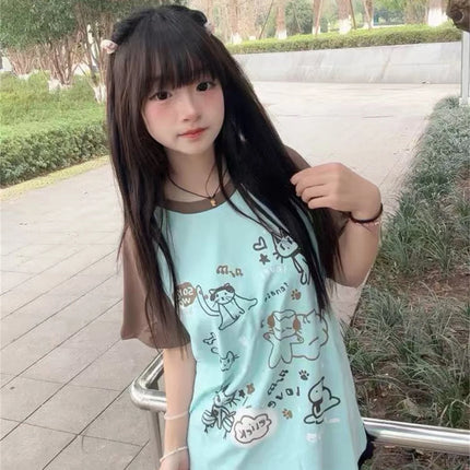 Women Japanese Cartoon Printing Tops E-girl Fairycore Contrast Color Cute Graphic T Shirt Y2k Aesthetics Grunge Casual T-shirt
