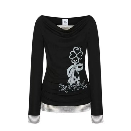 Kimotimo Korean Y2k Fake Two Spliced Polka Dot Print T-shirt Women 2026 Spring Summer Long Sleeve Slim Top Sweet Casual Tees INS