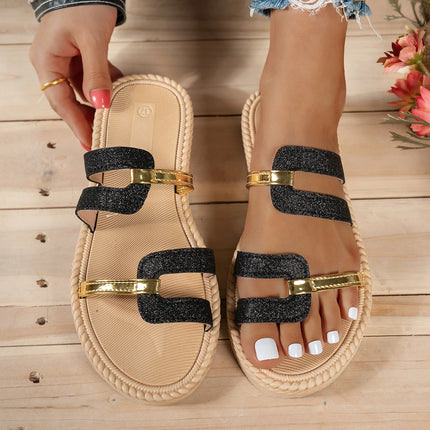 Black strappy flat slide sandals with gold-tone bar details