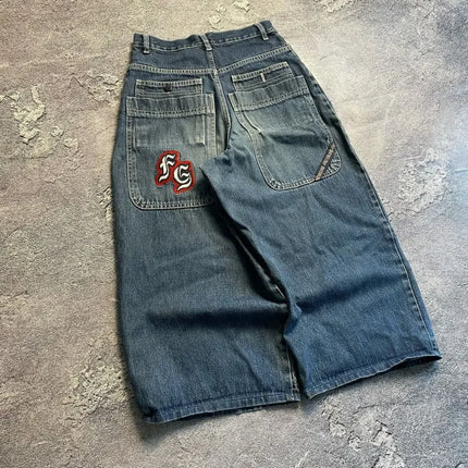 Y2K retro graffiti pattern washed loose hip hop plus size skateboard straight jeans sports casual reflective layered trousers