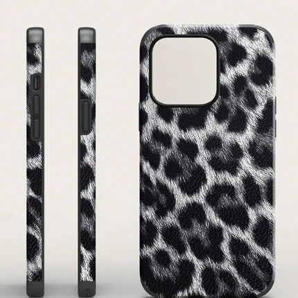 1 Leopard Print Pu Leather Anti-Fall and Shock-Proof Belt Spin Design Leather Craft Mobile Phone Soft Case Suitable for iPhone