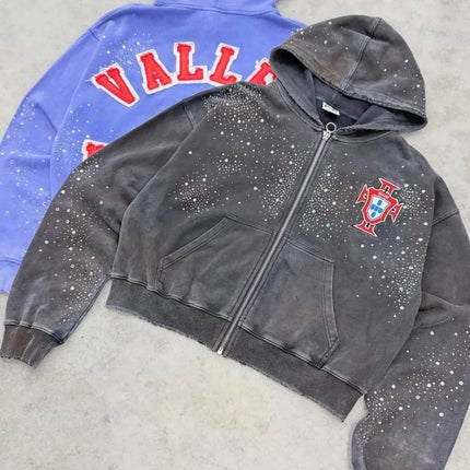 E Washed BlackHole Set with Diamonds Fashion  Men 1:1 High Street Women Streetwear American Streetwea zipper VA Hoodies