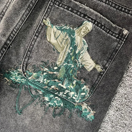 Real Photos Derschutze Jeans High Quality Pattern Embroidery Denim Trousers Retro Grey Street Men Women Pants