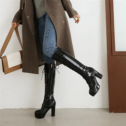 Big Size Women Knee-high Platform Boots 10cm High Chunky Heel Black Red Sexy Party Club Lady Round Toe Lace-up Zipper Long Boots