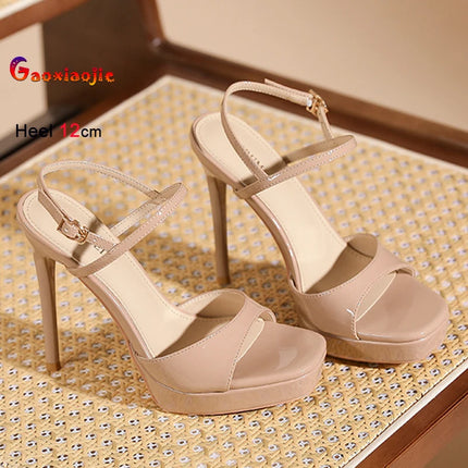 2026 Summer Nude Pink Women's Sandals Round Toe Thin Heels 12/14cm Back Ankle Buckle Straight Open Toe Ladies Pumps Dress Shoes