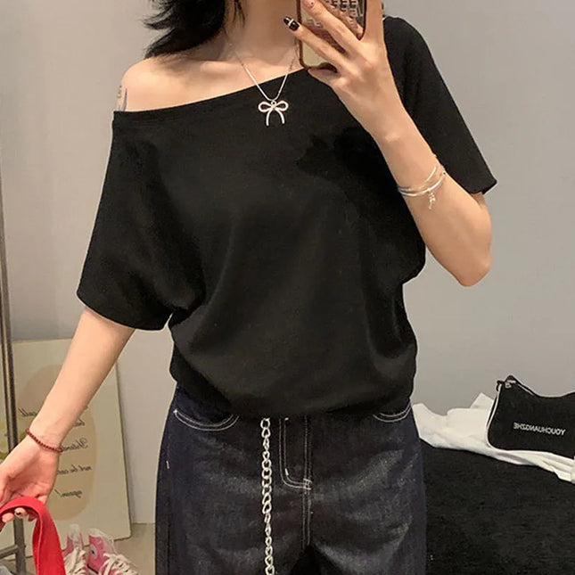 1 Stück Sommer Damen Basic Modell Einfarbiges T-Shirt Dame Kurzarm Schräger Kragen T-Shirt Weiblicher Street Style Sexy Slim Fit Tee