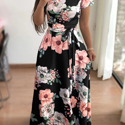 Slim Dresses Casual Long Sleeve Round Neck Flower Printed Dress Strap Floor-Length Long Skirt Clothing