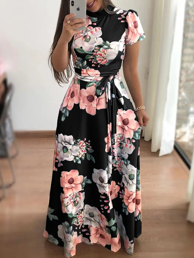 Slim Dresses Casual Long Sleeve Round Neck Flower Printed Dress Strap Floor-Length Long Skirt Clothing