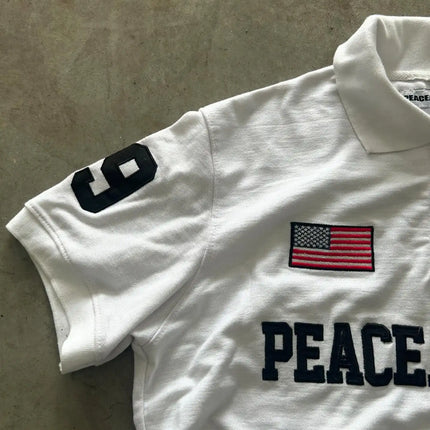 Peace Flag America Retro Polo Shirt Y2k Streetwaer Letter Embroidery Lapel Shirt Casual Short Sleeve Jersey Hip Hop Men Clothing