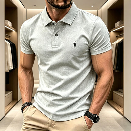 Men Breathable Fabric Solid Color Lapel Polo Shirt Short Sleeve Business Casual Tops With Mini Rider Figure Embroidery On Chest