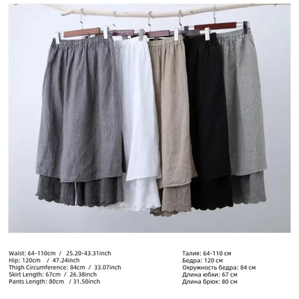 100% Cotton Linen Mori Girl Floral Embroidery Hem Wide Leg Pants Skirt Aesthetic Fairy Grunge Medieval Loose Distressed Trousers