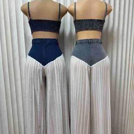 Streetwear Denim Wide Leg Pants Outfit Sexy Women Two Pieces Casual Tracksuit Set Elegant Patchwork Club Matching Set